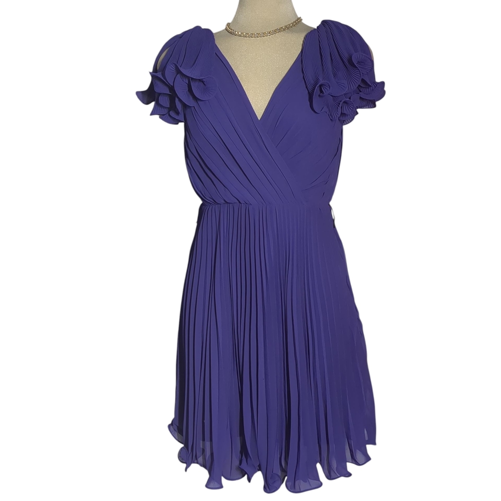 Pearl  Georgina Chapman Royal V-Neck Pleadd Purple Midi Dress Size 6 - Picture 10 of 16